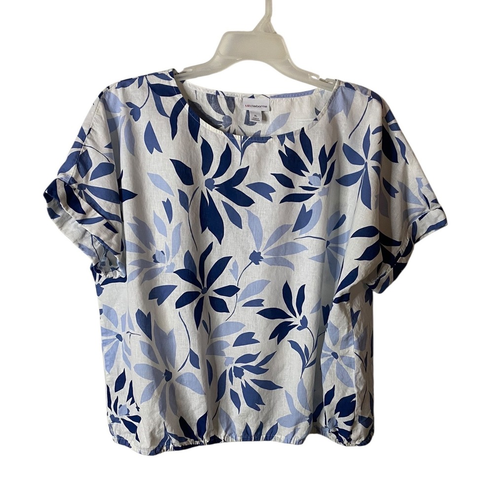 Liz Claiborne Womens XL Linen Cotton Navy Blue White Floral Cuffed Sleeve Top